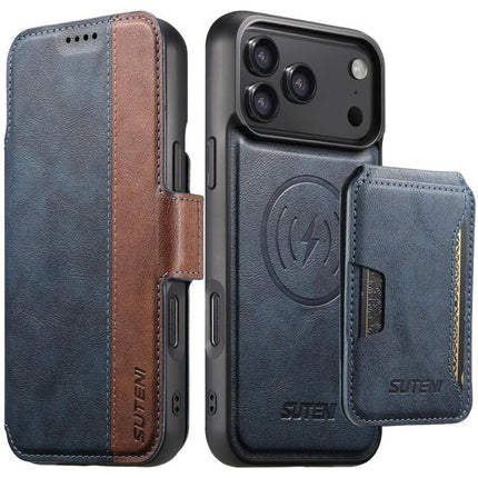 Suteni Q07S3 Left-Right Splicing Cowhide Pattern Flip Side Card Wallet Removable Magnetic Phone Case, For iPhone 18, For iPhone 18 Pro, For iPhone 18 Pro Max, For iPhone 17 Pro Max, For iPhone 17 Pro, For iPhone 17, For iPhone Air, For iPhone 16 Pro Max