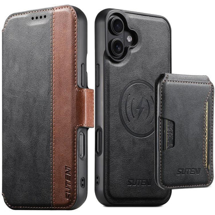 Suteni Q07S3 Left-Right Splicing Cowhide Pattern Flip Side Card Wallet Removable Magnetic Phone Case, For iPhone 18, For iPhone 18 Pro, For iPhone 18 Pro Max, For iPhone 17 Pro Max, For iPhone 17 Pro, For iPhone 17, For iPhone Air, For iPhone 16 Pro Max