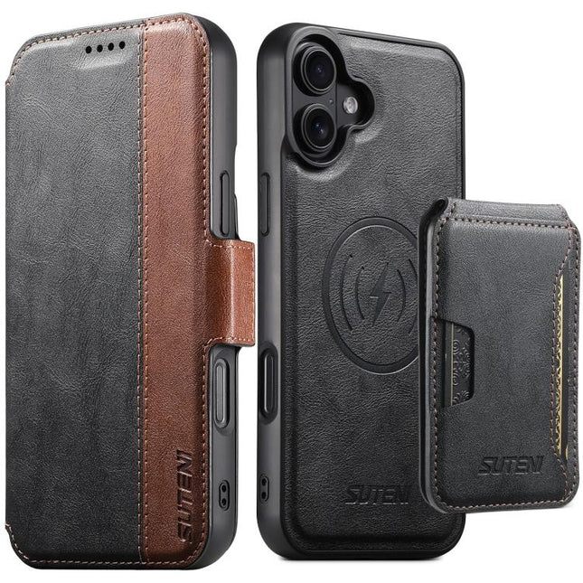 Suteni Q07S3 Left-Right Splicing Cowhide Pattern Flip Side Card Wallet Removable Magnetic Phone Case, For iPhone 18, For iPhone 18 Pro, For iPhone 18 Pro Max, For iPhone 17 Pro Max, For iPhone 17 Pro, For iPhone 17, For iPhone Air, For iPhone 16 Pro Max