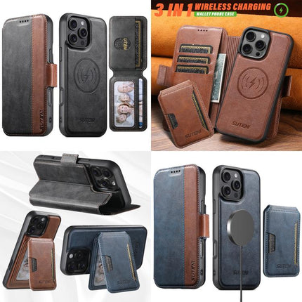 Suteni Q07S3 Left-Right Splicing Cowhide Pattern Flip Side Card Wallet Removable Magnetic Phone Case, For iPhone 16 Pro, For iPhone 16 Plus, For iPhone 16, For iPhone 15 Pro Max, For iPhone 15 Pro, For iPhone 15 Plus, For iPhone 15, For iPhone 14 Plus