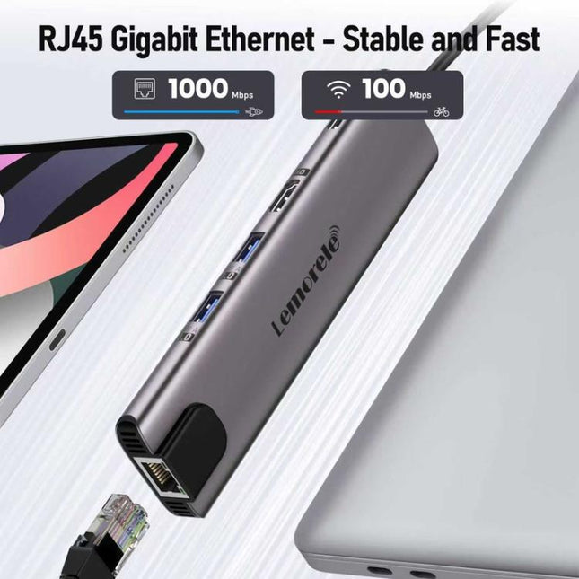 Lemorele TC65L Type-C Multiport Hub Gigabit Ethernet 4K HDMI PD Charging Dock