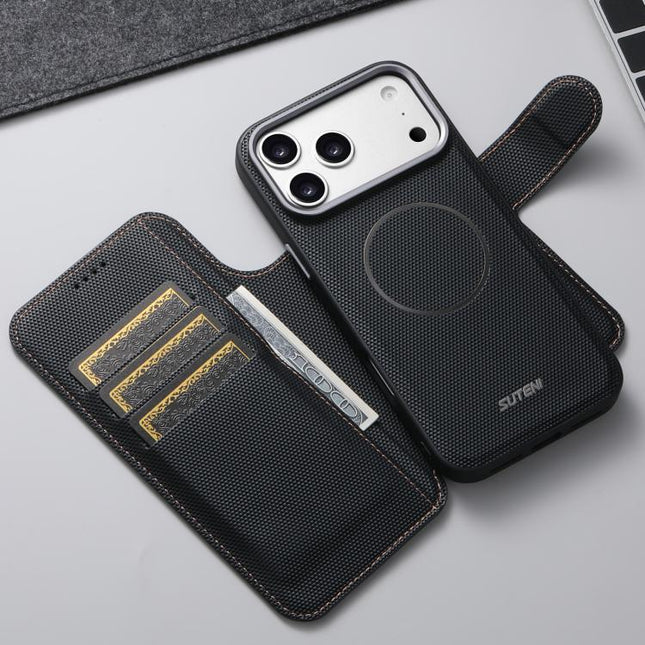 Suteni Q09 Magnetic Detachable Wallet  2 in 1 Triangle Texture Vegan Leather Phone Case, For iPhone 15, For iPhone 14 Pro, For iPhone 14 Pro Max, For iPhone 14 / 13