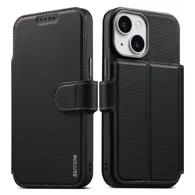 Suteni Q09 Magnetic Detachable Wallet  2 in 1 Triangle Texture Vegan Leather Phone Case, For iPhone 15, For iPhone 14 Pro, For iPhone 14 Pro Max, For iPhone 14 / 13