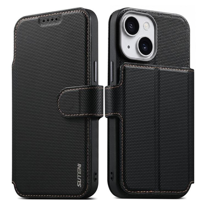 Suteni Q09 Magnetic Detachable Wallet  2 in 1 Triangle Texture Vegan Leather Phone Case, For iPhone 15, For iPhone 14 Pro, For iPhone 14 Pro Max, For iPhone 14 / 13