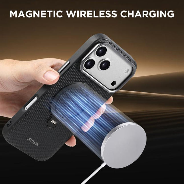 Suteni G7 360 Rotation Magnetic Holder Triangle Texture Vegan Leather Back Phone Case, For iPhone 17 Pro Max, For iPhone 17 Pro, For iPhone 17, For iPhone 16 Pro Max, For iPhone 16 Pro, For iPhone 16, For iPhone 15 Pro Max, For iPhone 15 Pro
