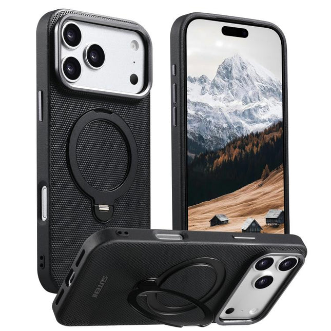 Suteni G7 360 Rotation Magnetic Holder Triangle Texture Vegan Leather Back Phone Case, For iPhone 17 Pro Max, For iPhone 17 Pro, For iPhone 17, For iPhone 16 Pro Max, For iPhone 16 Pro, For iPhone 16, For iPhone 15 Pro Max, For iPhone 15 Pro