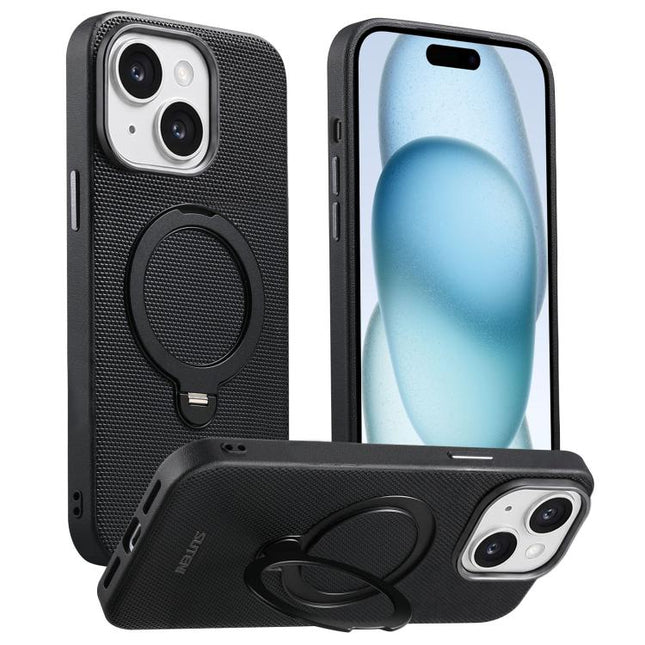 Suteni G7 360 Rotation Magnetic Holder Triangle Texture Vegan Leather Back Phone Case, For iPhone 15, For iPhone 14 Pro, For iPhone 14 Pro Max, For iPhone 14 / 13