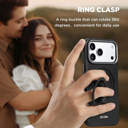 Suteni G7 360 Rotation Magnetic Holder Triangle Texture Vegan Leather Back Phone Case, For iPhone 15, For iPhone 14 Pro, For iPhone 14 Pro Max, For iPhone 14 / 13