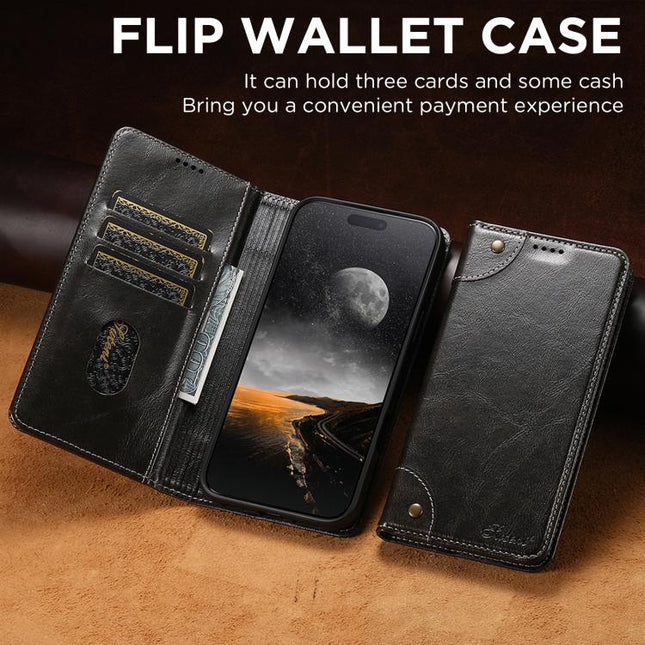 Suteni Baroque Calf Texture Buckle Wallet Leather Phone Case, For iPhone 18, For iPhone 18 Pro, For iPhone 18 Pro Max