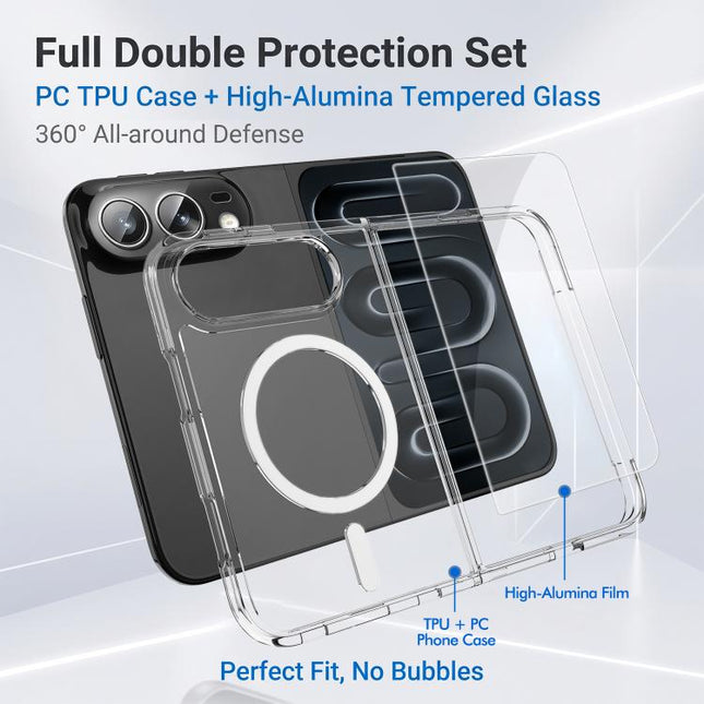 2 in 1 Set TPU + PC Clear Magnetic Phone Case with High Alumina Tempered Film, For iPhone Duo, For iPhone 18 Pro, For iPhone 18 Pro Max, For iPhone 17 Pro Max, For iPhone 17 Pro, For iPhone 17, For iPhone Air, For iPhone 16 Pro Max, For iPhone 16 Pro  ...