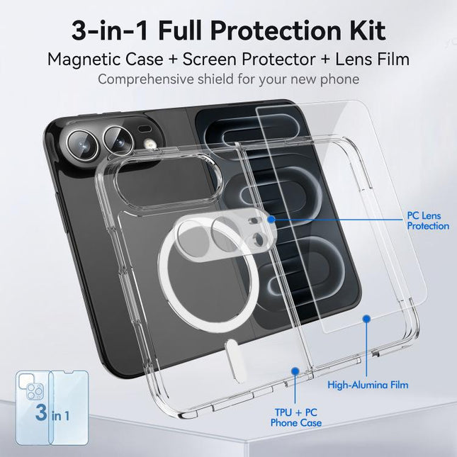 3 in 1 Set TPU + PC Clear Magnetic Phone Case with High Alumina Tempered Film + Lens Protector, For iPhone Duo, For iPhone 18 Pro, For iPhone 18 Pro Max, For iPhone 17 Pro Max, For iPhone 17 Pro, For iPhone 17, For iPhone Air, For iPhone 16 Pro Max    ...