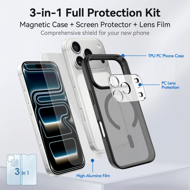 3 in 1 Set Magnetic Phone Case with Screen Film + Lens Protector, For iPhone Duo, For iPhone 18 Pro, For iPhone 18 Pro Max, For iPhone 17 Pro Max, For iPhone 17 Pro, For iPhone 17, For iPhone Air, For iPhone 16 Pro Max, For iPhone 16 Pro               ...