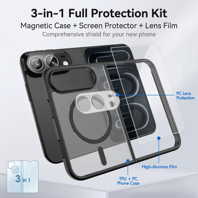 3 in 1 Set Magnetic Phone Case with Screen Film + Lens Protector, For iPhone Duo, For iPhone 18 Pro, For iPhone 18 Pro Max, For iPhone 17 Pro Max, For iPhone 17 Pro, For iPhone 17, For iPhone Air, For iPhone 16 Pro Max, For iPhone 16 Pro               ...