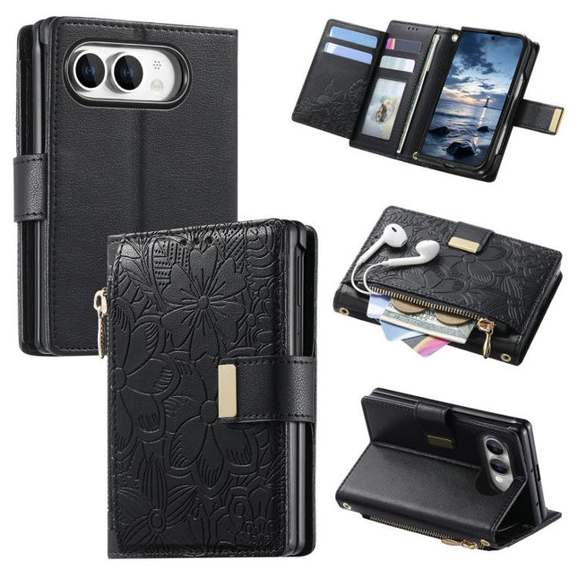 Flowers Leaves Zipper Wallet Leather Phone Case with Strap, For  iPhone Duo