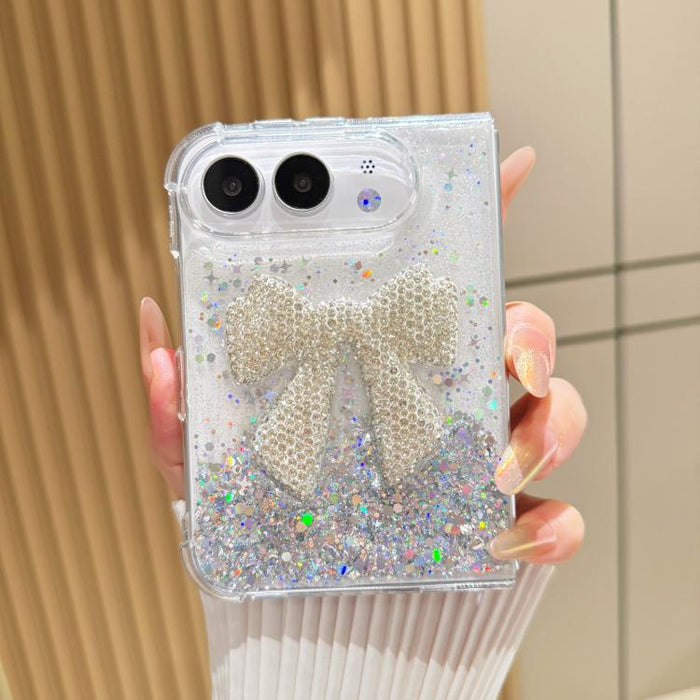 Gradient Glitter Rhinestone Bow Phone Case, For iPhone Duo