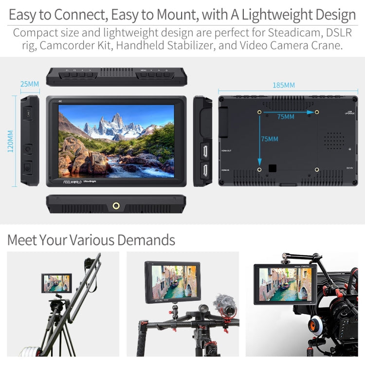 FEELWORLD FW279 7 Inch Ultra Bright 2200nit on Camera Field DSLR Monitor Full HD 1920x1200 4K HDMI Input Output High Brightness for DSLR Stabilizer, FW279