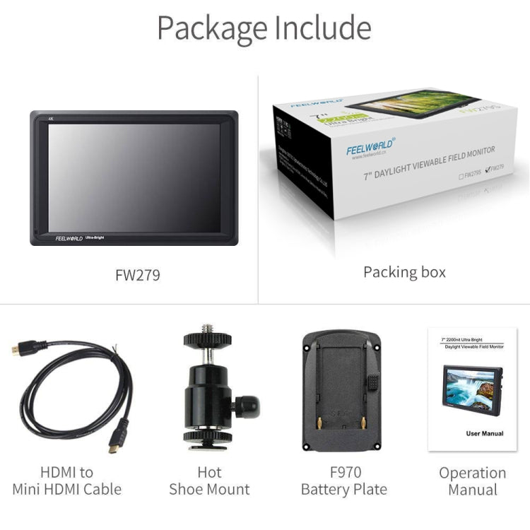 FEELWORLD FW279 7 Inch Ultra Bright 2200nit on Camera Field DSLR Monitor Full HD 1920x1200 4K HDMI Input Output High Brightness for DSLR Stabilizer, FW279