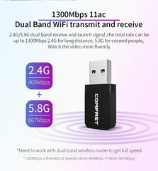 Adaptador WiFi USB COMFAST CF-812AC - 1300 Mbps USB de red WiFi inalámbrica, CF-812AC