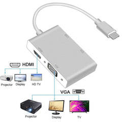 4 in 1 USB 3.1 USB C Type C to HDMI VGA DVI USB 3.0 Adapter Cable for Laptop Apple Macbook Google Chromebook Pixel, USB3.0+HDMI+VGA+DVI to Type-C