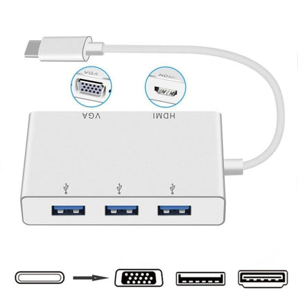 USB C to HDMI VGA USB Hub Adapter 5 in 1 USB 3.1 Converter for Laptop for MacBook,ChromeBook Pixel,Huawei MateBook, HDMI+VGA+3xUSB3.0 to Type-C