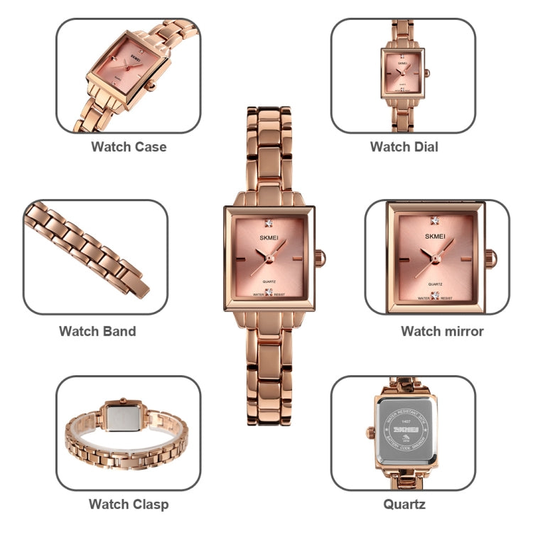 SKMEI 1407 Business Fashion Watch with Diamonds Delicate and Elegant Square Zinc Alloy Quartz Watch for Women, Silvery