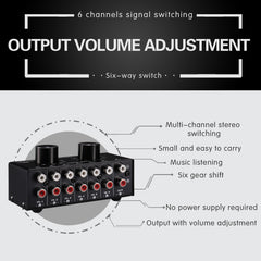 B016 6 Input 1 Output Audio Signal Source Selection Switcher, Output Volume Adjustment Control RCA Port