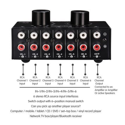 B016 6 Input 1 Output Audio Signal Source Selection Switcher, Output Volume Adjustment Control RCA Port, 6 Input 1 Output