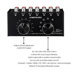 B016 6 Input 1 Output Audio Signal Source Selection Switcher, Output Volume Adjustment Control RCA Port