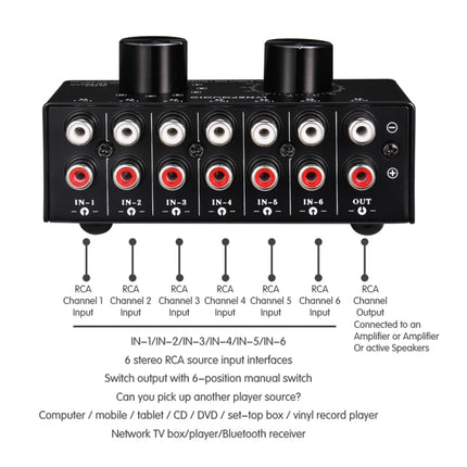B016 6 Input 1 Output Audio Signal Source Selection Switcher, Output Volume Adjustment Control RCA Port, 6 Input 1 Output