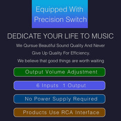 B016 6 Input 1 Output Audio Signal Source Selection Switcher, Output Volume Adjustment Control RCA Port