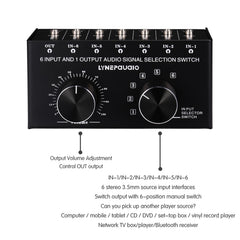 B017 6 Input 1 Output Audio Signal Selection Switcher Output Volume Adjustment Control 3.5mm Interface