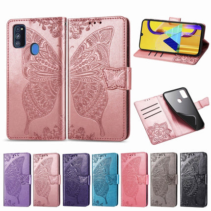 For Galaxy M30s  Butterfly Love Flower Embossed Horizontal Flip Leather Case with Bracket Lanyard Card Slot Wallet, Black, Blue, Gray, Light Purple, Rose Gold, Dark Purple, Pink