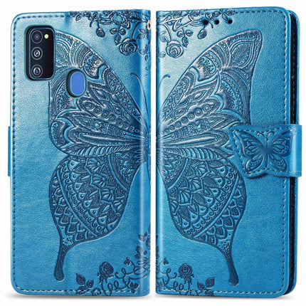 For Galaxy M30s  Butterfly Love Flower Embossed Horizontal Flip Leather Case with Bracket Lanyard Card Slot Wallet, Black, Blue, Gray, Light Purple, Rose Gold, Dark Purple, Pink