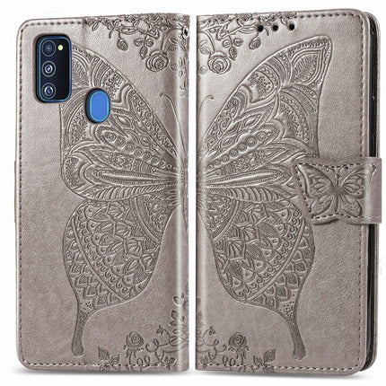 For Galaxy M30s  Butterfly Love Flower Embossed Horizontal Flip Leather Case with Bracket Lanyard Card Slot Wallet, Black, Blue, Gray, Light Purple, Rose Gold, Dark Purple, Pink