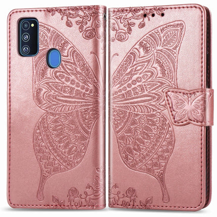 For Galaxy M30s  Butterfly Love Flower Embossed Horizontal Flip Leather Case with Bracket Lanyard Card Slot Wallet, Black, Blue, Gray, Light Purple, Rose Gold, Dark Purple, Pink