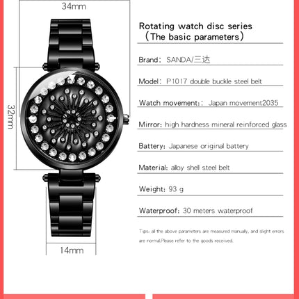 SANDA 1017 Lady Watch All Over The Sky Star 360 Degree Rotating Watch Diamond Steel Band Women Watch