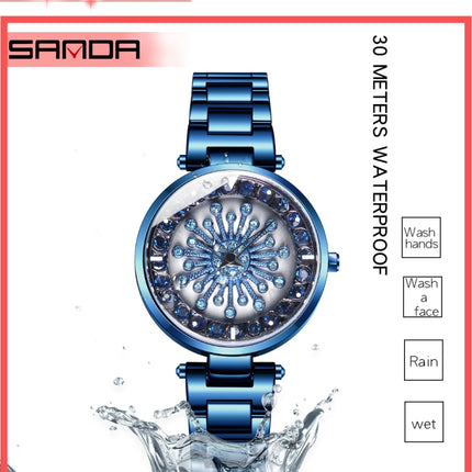 SANDA 1017 Lady Watch All Over The Sky Star 360 Degree Rotating Watch Diamond Steel Band Women Watch