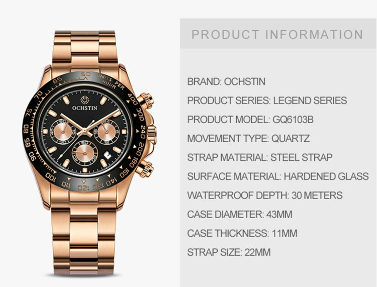 OCHSTIN Augusten 6103B Multi Function Quartz Watch Sports luminous Waterproof Watch Calendar Steel Band Men  Watch