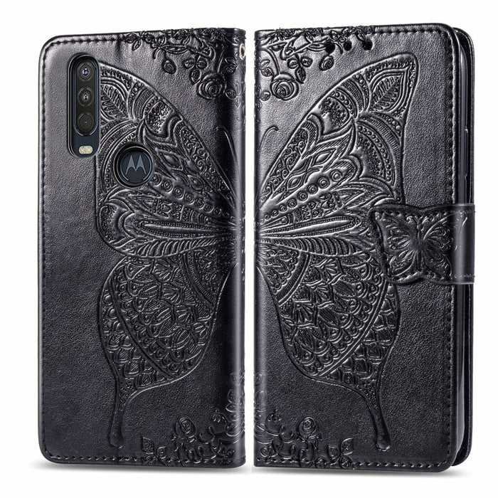 For Motorola One Action Butterfly Love Flower Embossed Horizontal Flip Leather Case with Bracket Lanyard Card Slot Wallet, For Motorola One Action