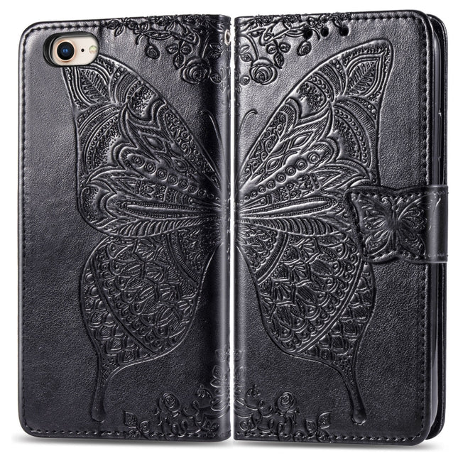 For iPhone SE (2020) Butterfly Love Flower Embossed Horizontal Flip Leather Case with Bracket / Card Slot / Wallet / Lanyard, Black, Blue, Gray, Light Purple, Rose Gold, Dark Purple, Pink