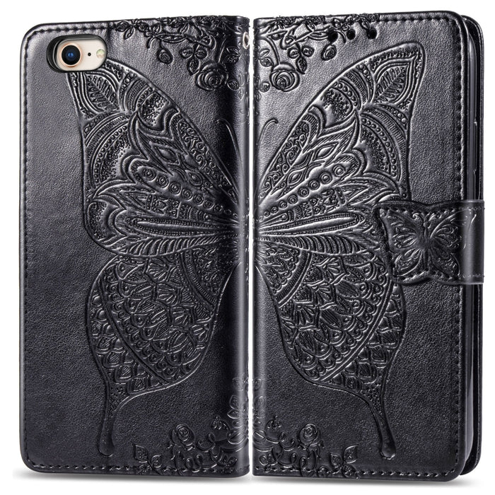 For iPhone SE (2020) Butterfly Love Flower Embossed Horizontal Flip Leather Case with Bracket / Card Slot / Wallet / Lanyard, Black, Blue, Gray, Light Purple, Rose Gold, Dark Purple, Pink