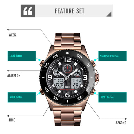 SKMEI 1538 Multi-Function Time Large Dial Steel Belt Men  Casual Sports Electronic Watch