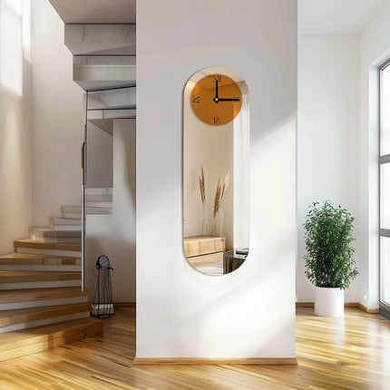 Long Oblong Brown Tinted Wall Clock with Silver Mirrored Modern Decorative Clock Roman Numerals for Living Room