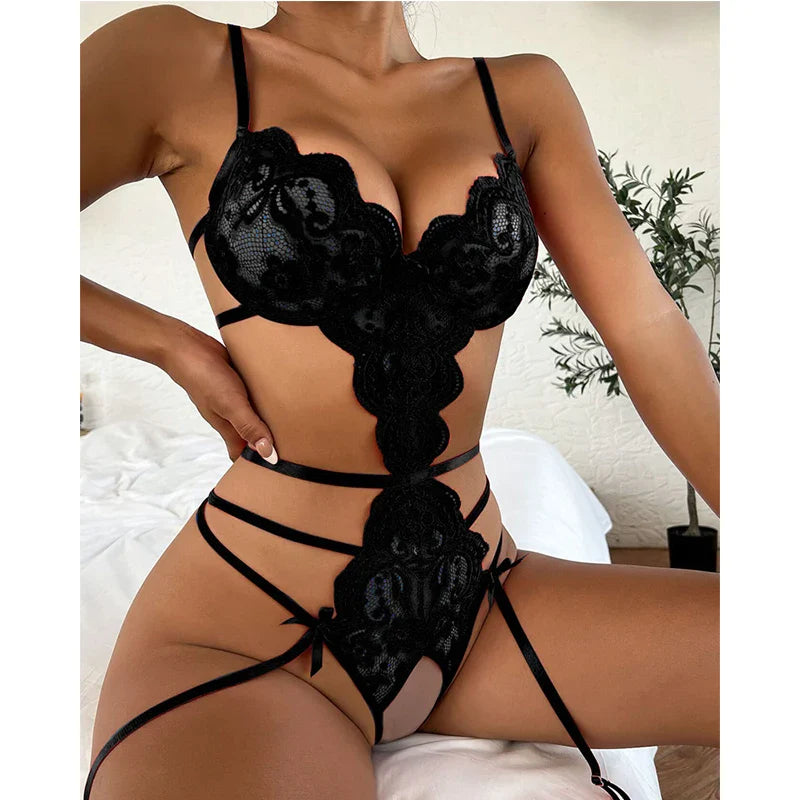 Blue Halter Bra Set Women Sexy Lingerie Sets Solid Mesh Lace Patchwork Woman Underwear Set With Garter Belts Hot Erotic Costumes