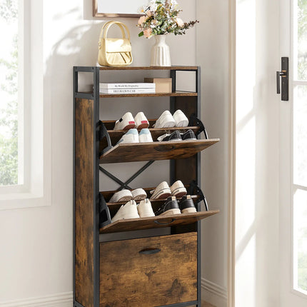 VASAGLE Shoe cabinet, high shoe storage cabinet with 3 folding doors, in the hallway for 12-18 pairs of shoes, space saving