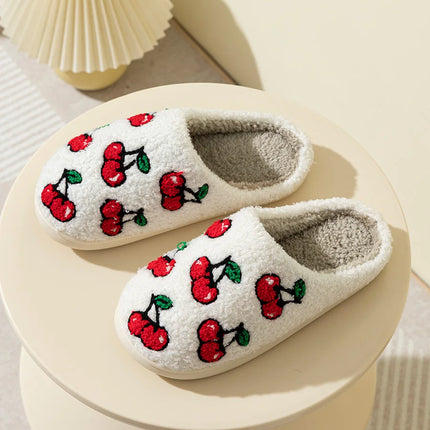 Cute Little Cherry Slippers Women Fluffy Cherries Fur Plush House Shoes Female Bedroom Comfy Home Flat Slip-on Slides New