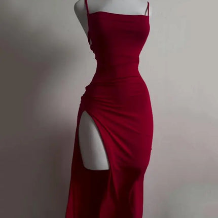 Red Lace-Up Back High Split Maxi Dress – Bodycon Summer Evening Dress
