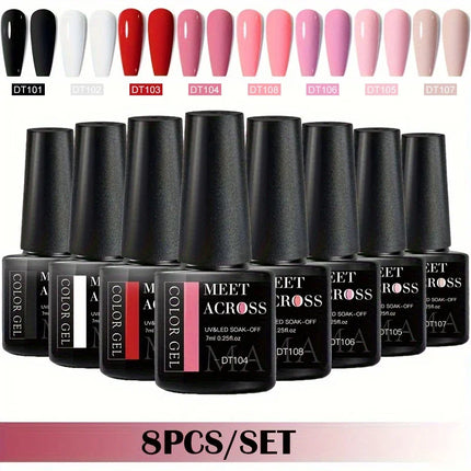 MEET ACROSS 8Pcs/Set Gel Nail Polish Set for All Season Neon Marcaron Green Red Series UV Gel Varnish Manicure Kit Nail Supplies