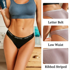 FINETOO 4Pcs Cotton Striped Underwear Women's Panties Letter Belt Briefs Ladies Low Waist Lingerie Solid Breathable Underpants