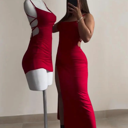 Red Lace-Up Back High Split Maxi Dress – Bodycon Summer Evening Dress